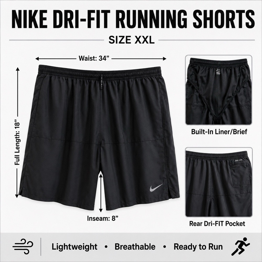 Nike Dri-FIT Men's Running Shorts 2XL Black 8" Lined Pockets Mesh